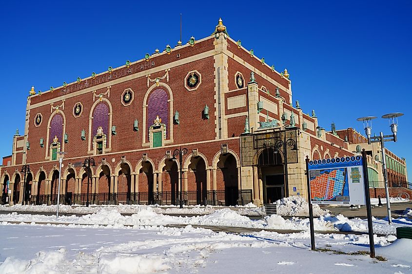 Asbury Park, New Jersey: Winter view of historic Asbury Park Convention Hall after a snowstorm.