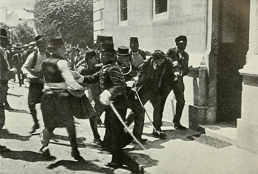 The arrest of Gavrilo Prinzep, assassin of Austrian Archduke Franz Ferdinand, on June 28, 1914. Image used under license from Shutterstock.com.