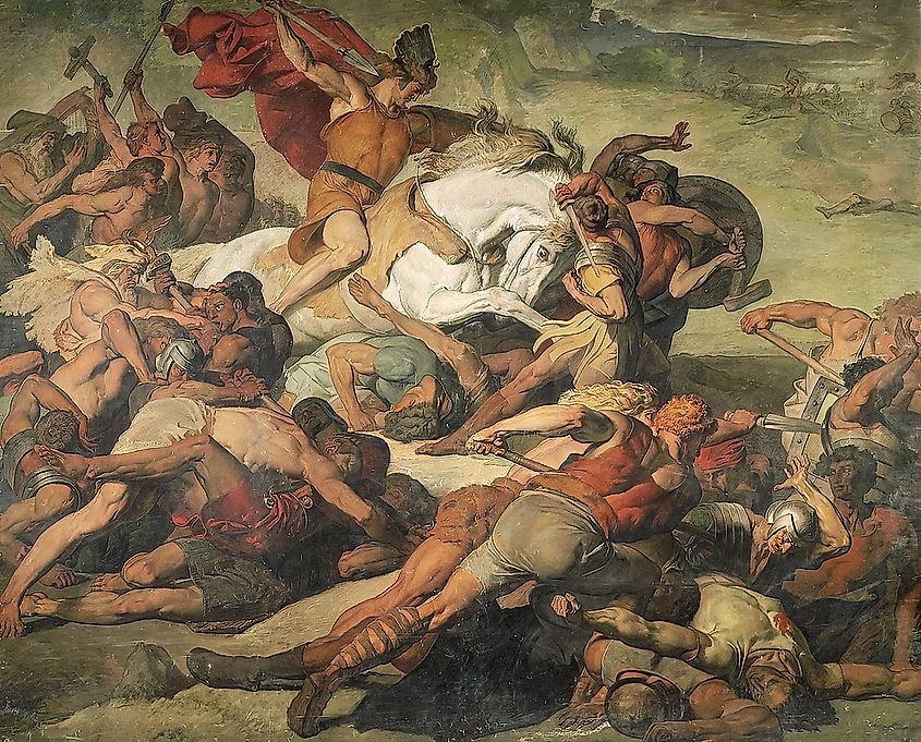 Hermann (Arminius) at the battle of the Teutoburg Forest in 9 CE by Peter Jannsen, 1873, with painting creases and damage removed