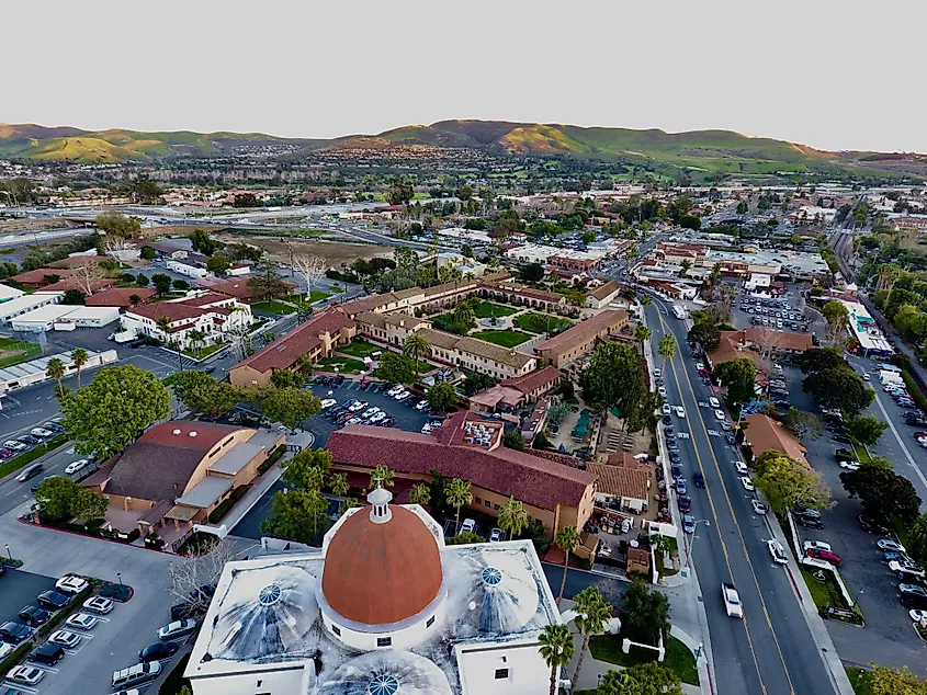 Aerial view of the historic downtown of San Juan Capistrano, California.