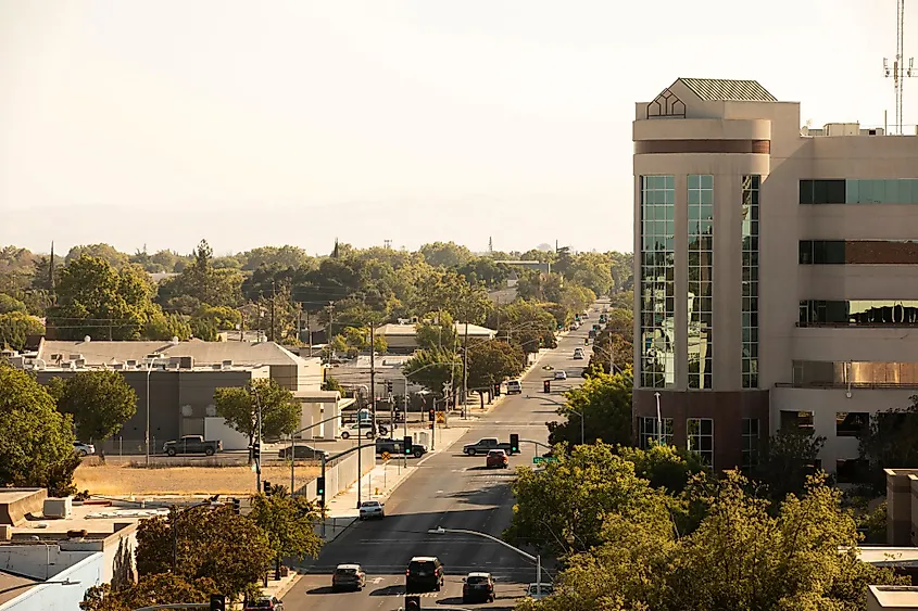 Afternoon aerial view of the urban downtown core of Modesto, California. 