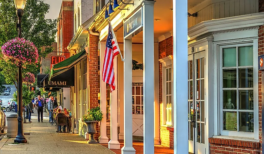 PNC Bank and People Dining at Outdoor Sidewalk Seating at Umami on Main Street in a Beautiful Small Town of Chagrin Falls, Ohio