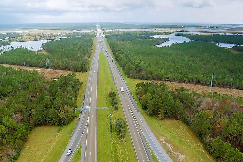 Interstate I-10 highway road near Diamondhead, Mississippi.