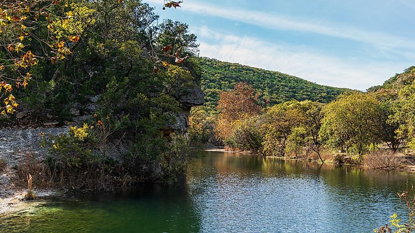 Tranquil nature at the Lost Maples State Natural Area in fall.