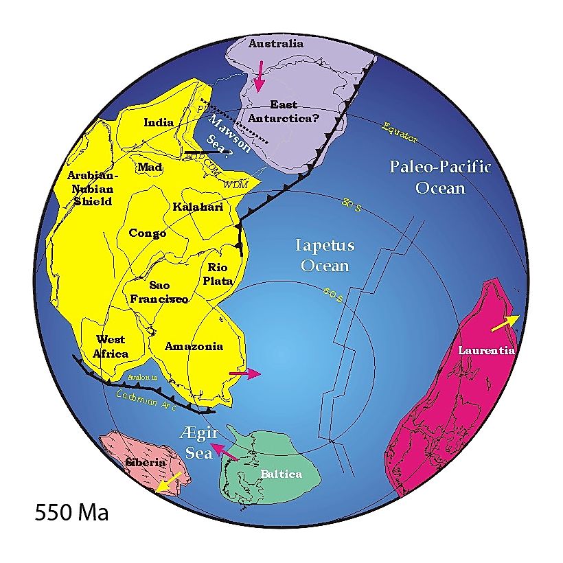 Positions of ancient continents, 550 million years ago. 