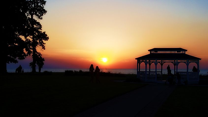 Sunset Gazebo Silhouette over Lake Erie Geneva-on-the-Lake, Ohio.