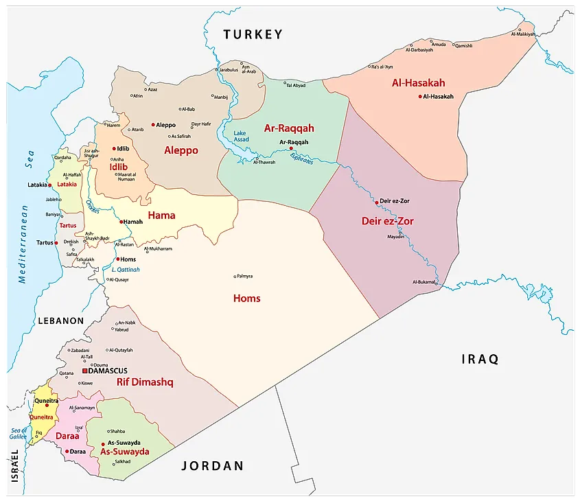 Map of Syria's fourteen governorates.