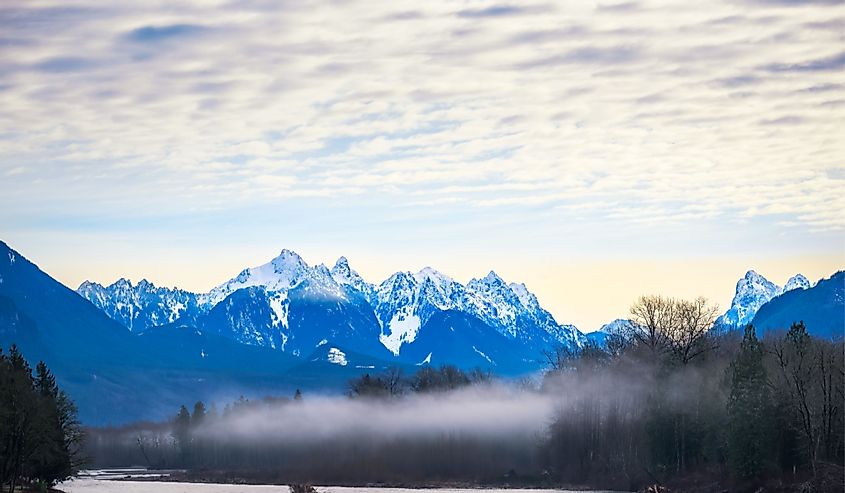 View of Mt Stickney and mountain ranges with Skykomish River in Sultan Washington