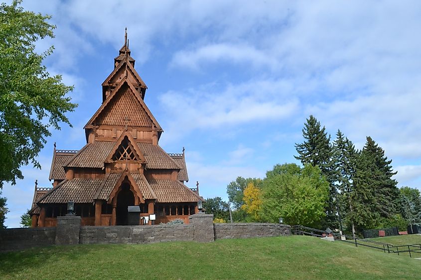 Stave church of Norwegian design in Scandinavian Heritage Park, Minot, North Dakota.