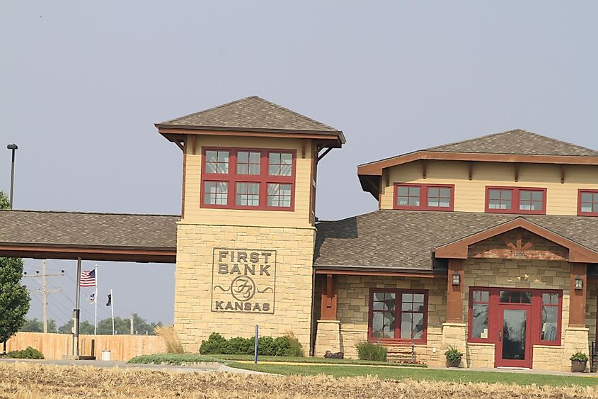 First Bank with green grass and blue sky in Ellsworth Kansas USA.