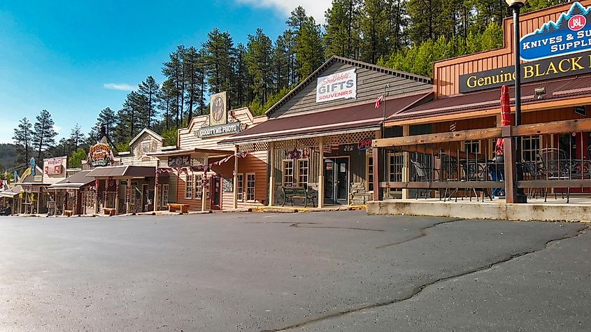 Main street of Keystone, South Dakota, filled with boutiques, gift shops, fine dining, lodging, and history. Keystone serves as the gateway to Mount Rushmore.