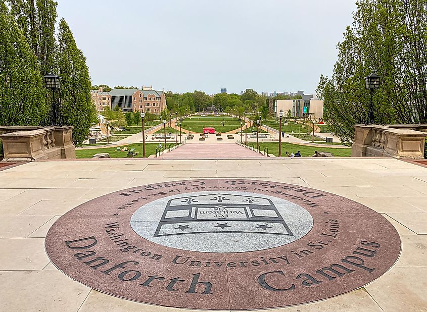 Danforth Campus with Washington University in St. Louis Logo on the ground, via Moab Republic / Shutterstock.com