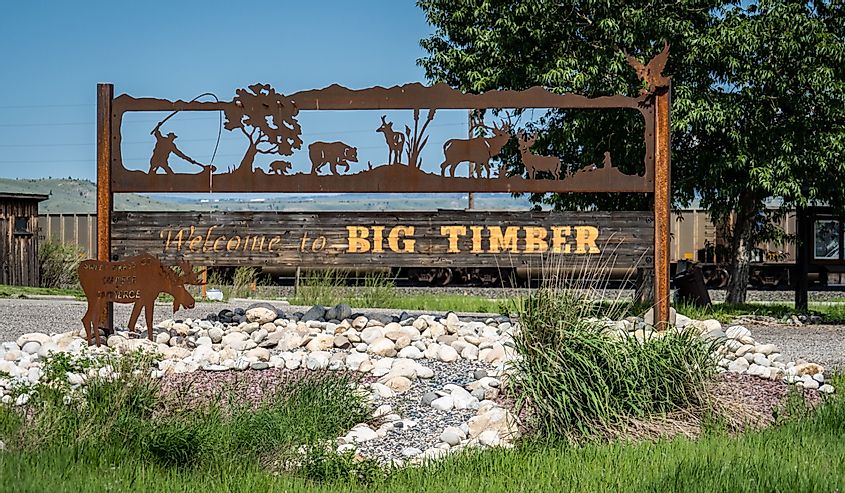  Sign welcomes visitors to the small town of Big Timber Montana, located right off busy Interstate 90.