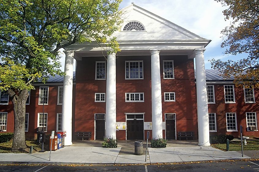 Exterior of the Greenbrier County Courthouse in Lewisburg, West Virginia, along Scenic Highway Route 60.