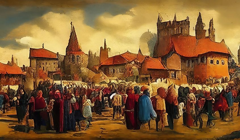 Painting of a medieval feudal township