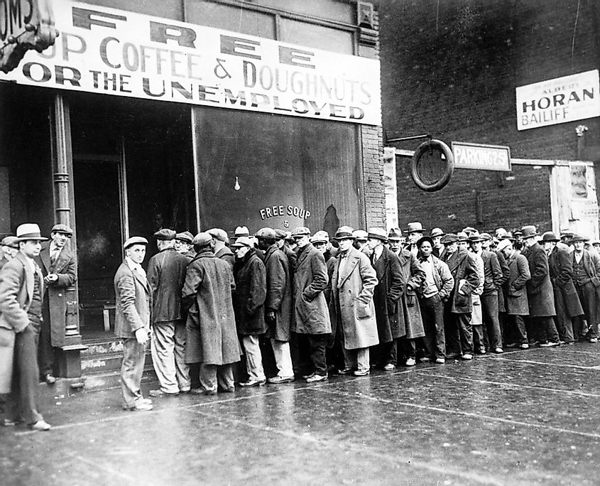 Unemployed men queued outside a soup kitchen opened in Chicago during the Great Depression