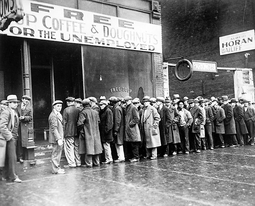 Unemployed men queued outside a soup kitchen opened in Chicago during the Great Depression