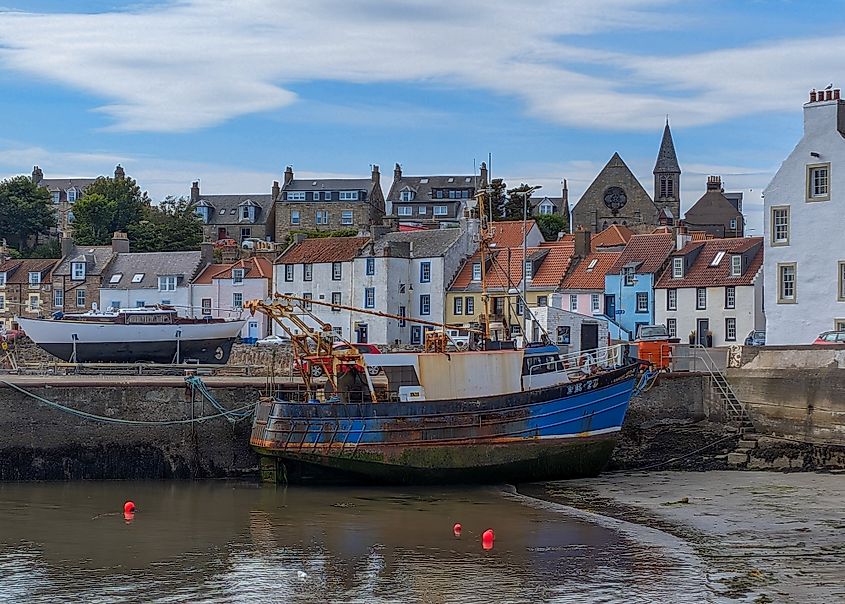 A scenic view of St. Monans Harbour in the East Neuk of Fife, Scotland.