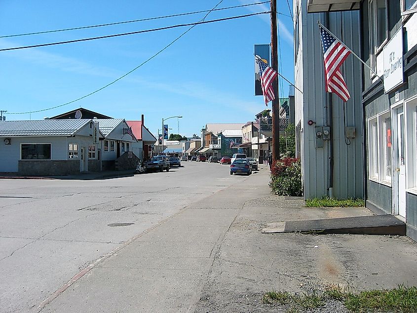 Downtown Wrangell, Alaska, looking north along Front Street by the Diamond “C” Cafe.