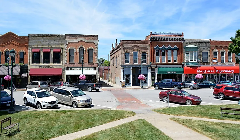 Downtown view from the courthouse square in Winterset, Iowa