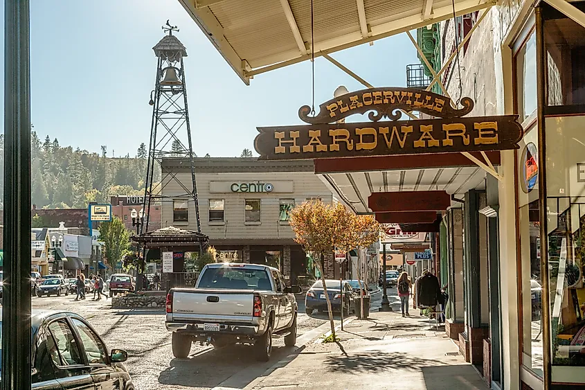 Mainstreet in Historic town of Placerville with Bell Tower.