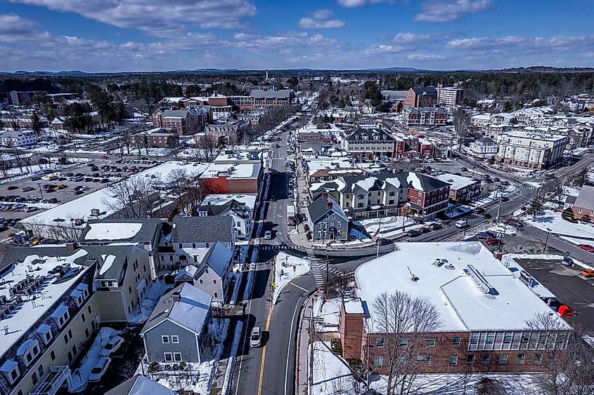 Aerial view of Durham, New Hampshire, in winter