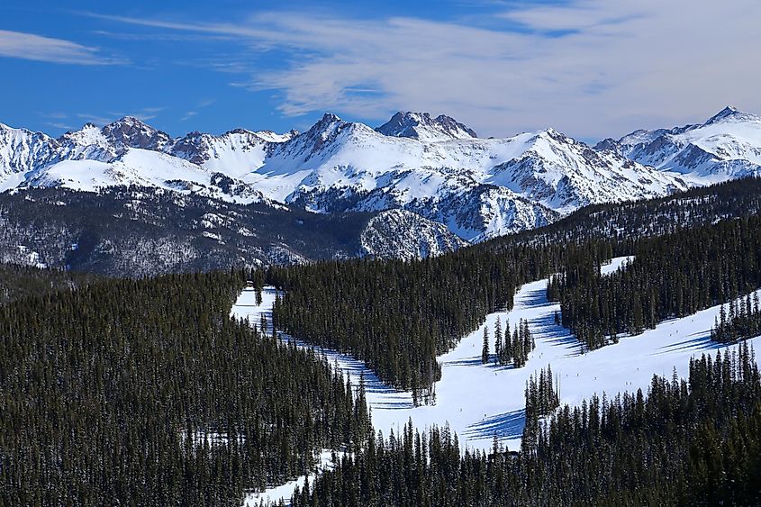 Vail downhill alpine ski runs in winter snow in the Colorado Rocky Mountains