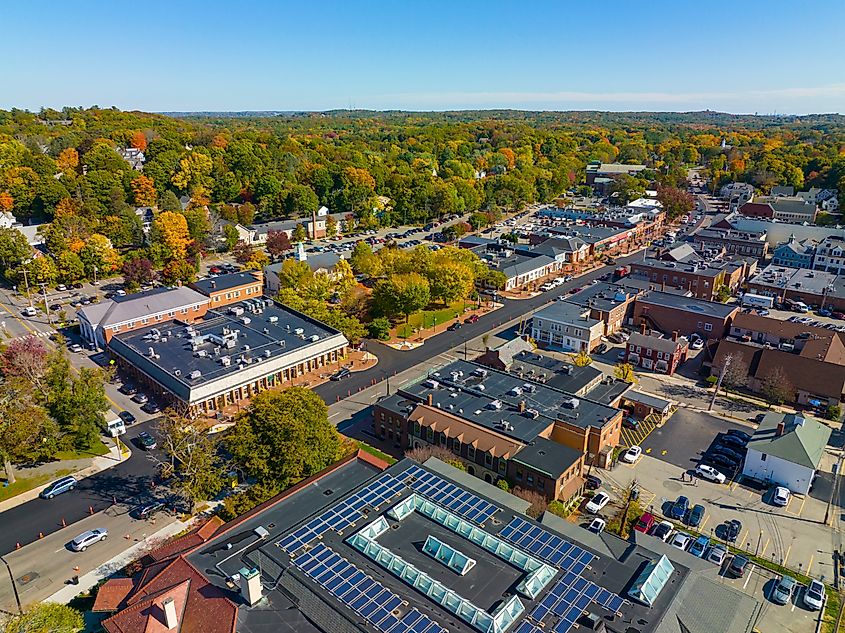 Historic commercial buildings on Massachusetts Avenue in historic town center of Lexington, Massachusetts, USA.