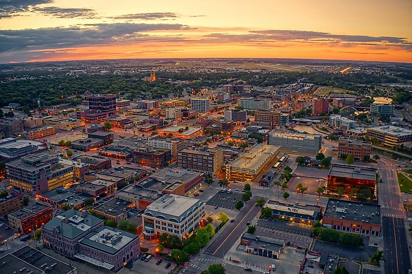 Aerial view of Sioux Falls, South Dakota at sunset. 