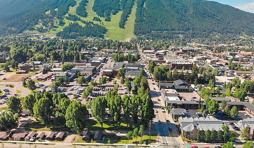 Panoramic aerial view of Jackson Hole homes and beautiful mountains on a summer morning, Wyoming