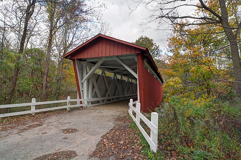 Looking out at the beautiful fall colors at the Everett Road Covered Bridge in the Cuyahoga Valley National Park in Ohio.