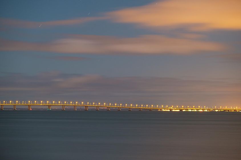 The Leziria Bridge in Portugal at night.