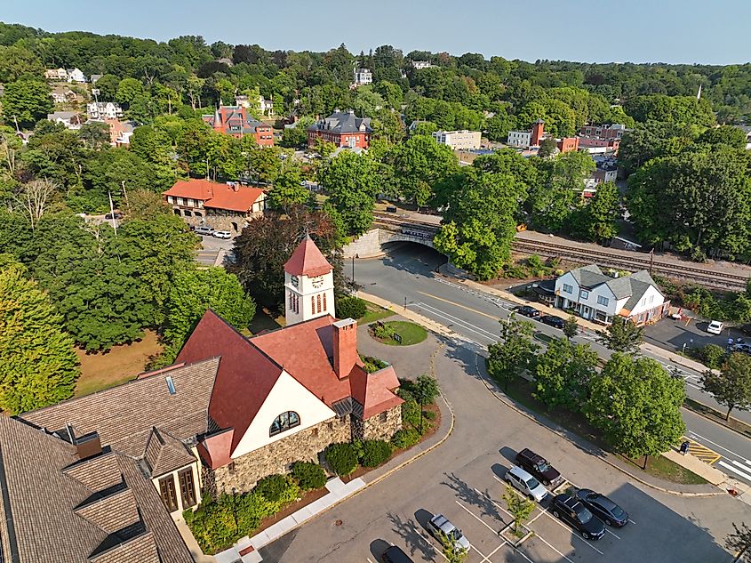 The First Church in Belmont Unitarian Universalist aerial view at 404 Concord Avenue in historic town center of Belmont, Massachusetts MA, USA. 