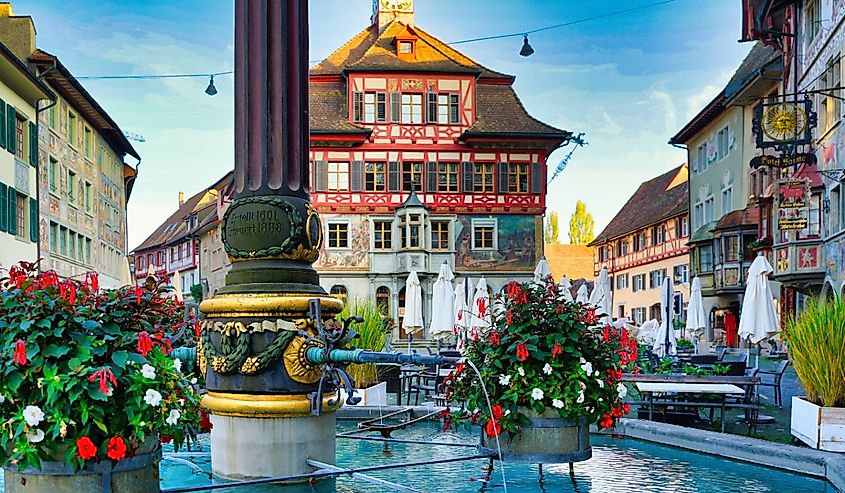 Stein am Rhein, Switzerland, close up of Marktbrunnen.