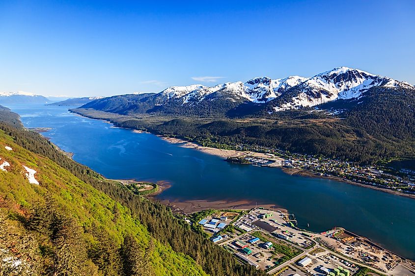 Juneau, Alaska. Aerial view of the Gastineau channel and Douglas Island.