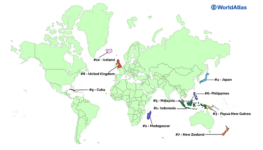 Map showing the 10 largest island countries in the world.