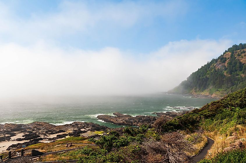 Scenic view of rocky beach near town of Yatchats, Oregon.