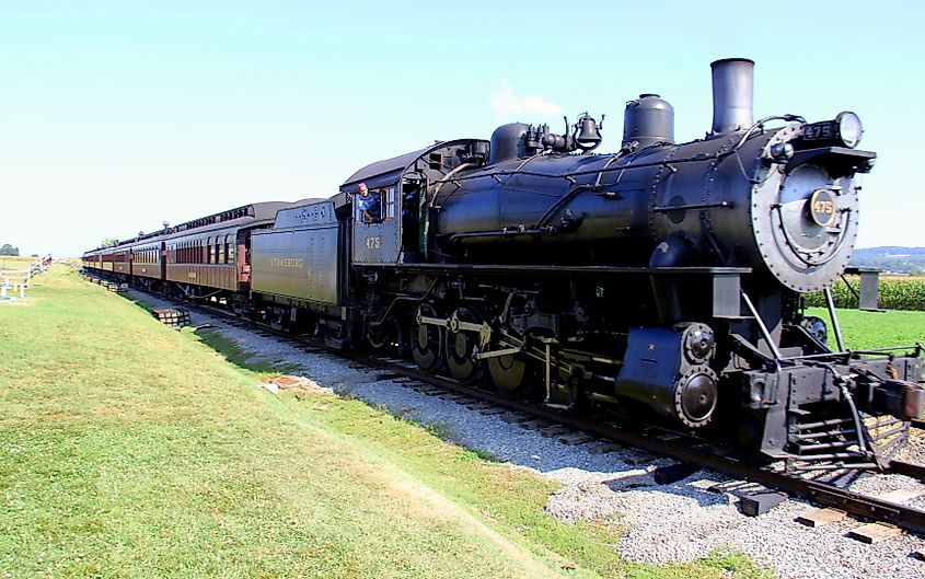 Historic steam locomotive pulling a train on Strasburg Rail Road