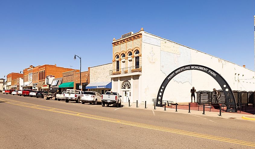 The Perry Wrestling Monument Park and the old business district on Delaware Street, Perry, Oklahoma.