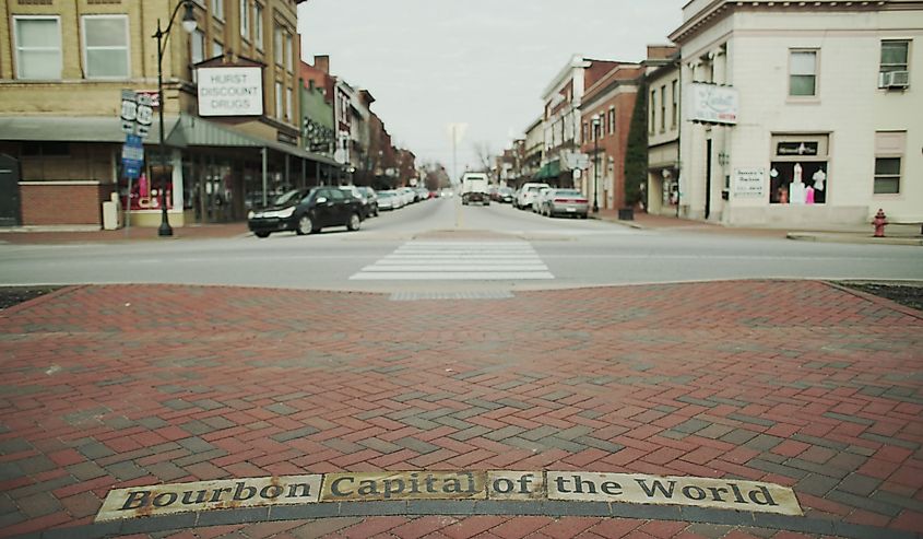 Bourbon capital of the world sign and downtown Bardstown, Kentucky. 