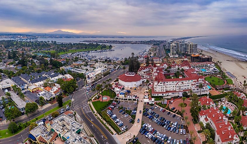 Hotel del Coronado and other buildings in Coronado, California.