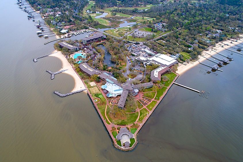 Aerial view of the Grand Hotel and Point Clear in Fairhope, Alabama.