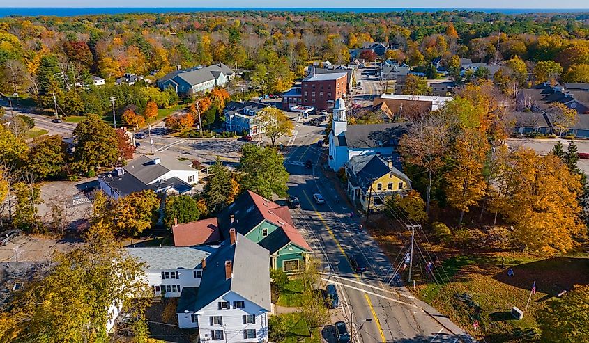York village historic center aerial view in fall including Old Methodist Church in town of York, Maine
