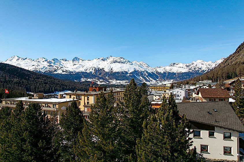 Aerial view of Swiss mountain village of Pontresina in the Swiss Alps.
