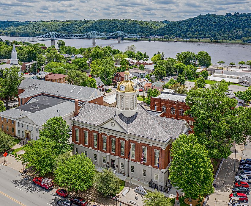 Aerial view of Jefferson County Courthouse in Madison, Indiana.