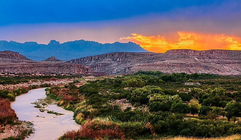 Big Bend National Park with mountains and river at sunset
