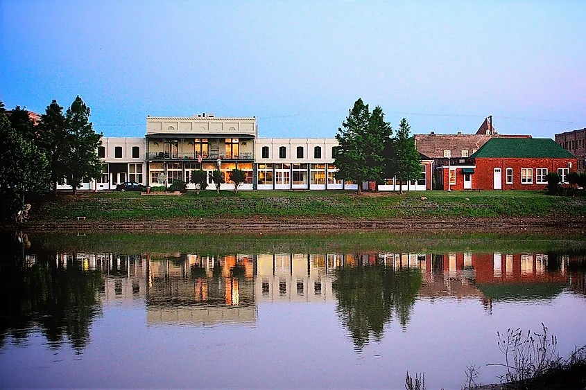 Front Street buildings along the Yazoo River in Greenwood, Mississippi.