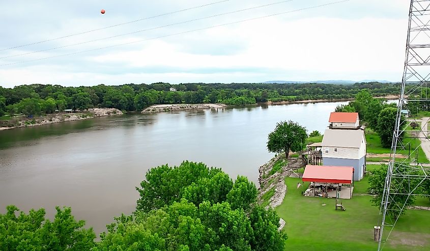 The Tennessee river on a cloudy day in the summer in Savannah, Tennessee.