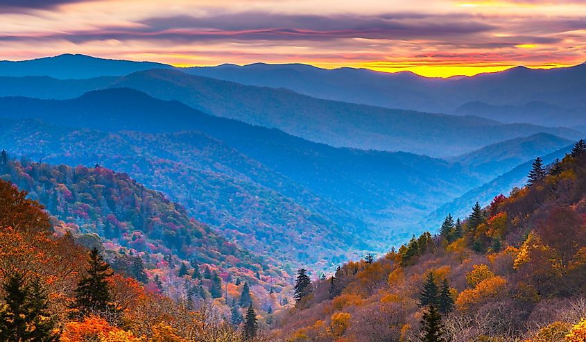 Fall foliage and sunset in Smoky Mountains National Park, Tennessee