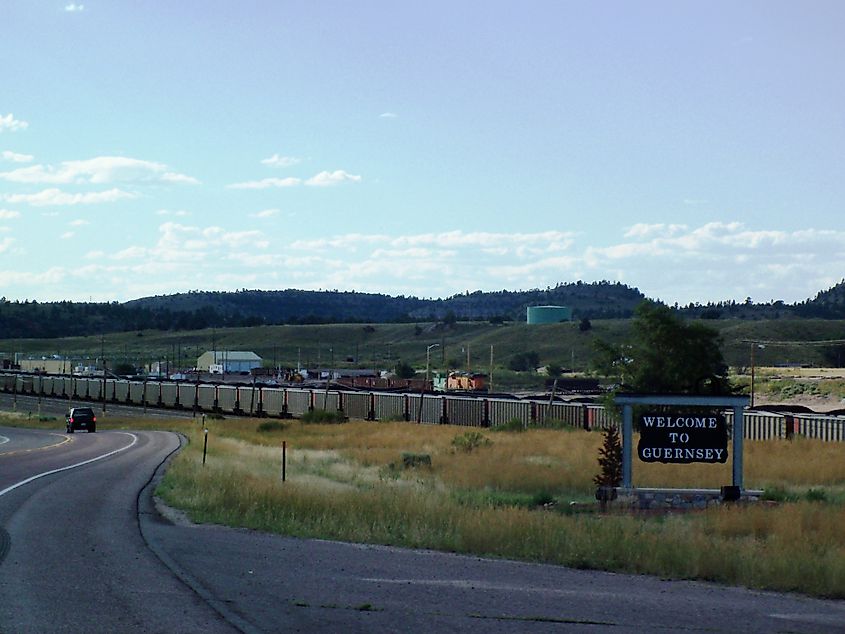 Sign welcoming visitors to Guernsey, Wyoming